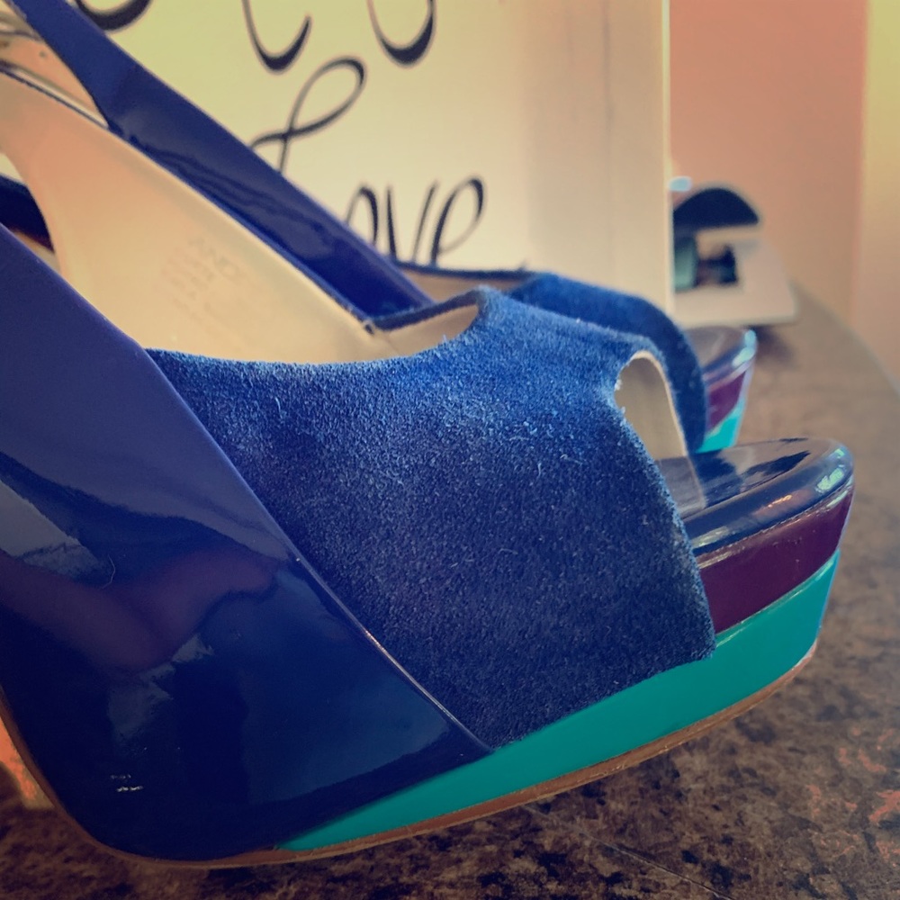 Cobalt blue open heel peep toe heels
